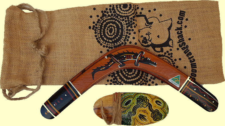 Boomerang gift set #4 | jute gift bag, 14" Returning hand painted Aboriginal boomerang, Hand painted Aboriginal bullroarer