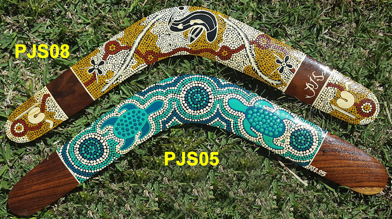 Unique boomerangs, 22 inch. Fine dot art by P.J.S.
